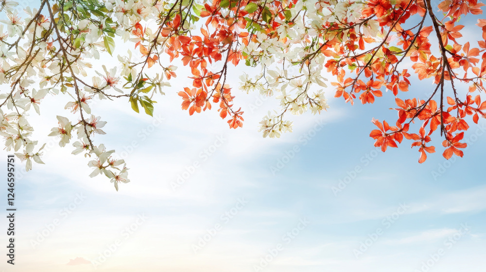 Fototapeta premium Bright floral branches with red and white flowers against blue sky