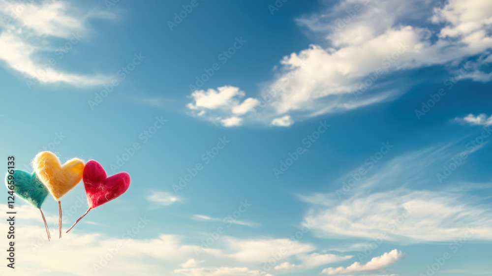 Fototapeta premium Colorful hearts against bright blue sky create cheerful atmosphere