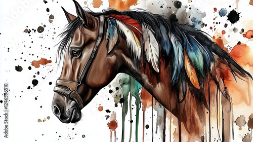 Majestic horse with Indian headband and blue feathers, watercolor splashes and ink drips on white background. Artistic clip art sticker design with detailed vector graphics and vibrant colors. photo