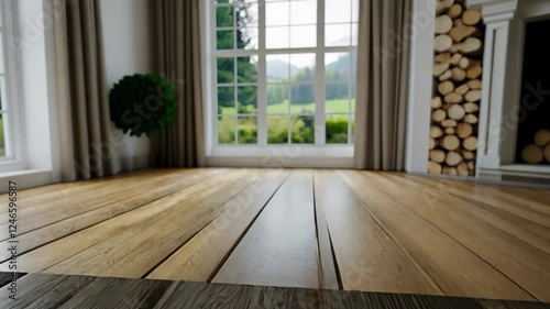 Wallpaper Mural A calming living room featuring wooden flooring, large windows, and a peaceful view of greenery outside, promoting relaxation Torontodigital.ca