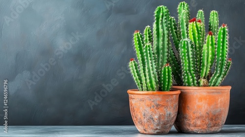 Two Cereus cacti in terracotta pots against a dark grey background photo