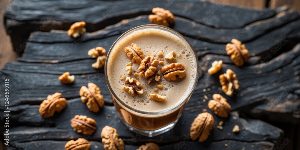 Fototapeta premium Frothy beverage in a glass topped with walnuts on a textured dark surface.
