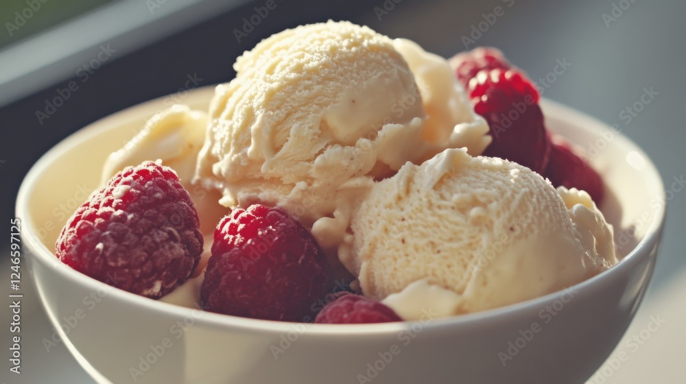 Creamy vanilla ice cream with raspberries, sunlight, kitchen setting, food blog
