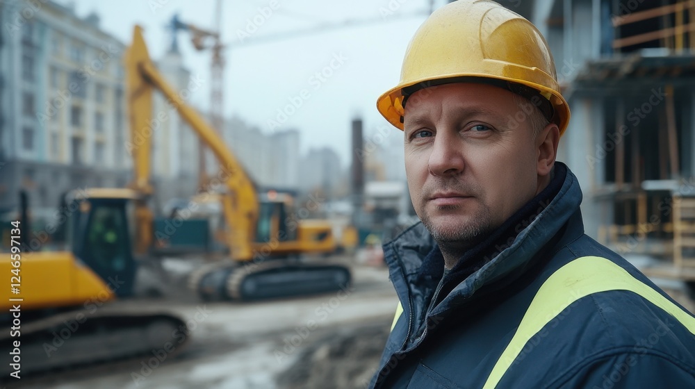 A portrait of a serious Russian man in construction attire, wearing a helmet and safety jacket, standing at an active work site with machinery in the background.
