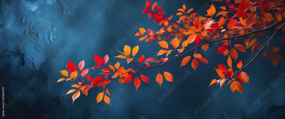 Autumnal Branch with Red and Orange Leaves on Dark Blue Textured Background. Autumnal Branch with Red and Orange Leaves on Dark Blue Textured Background.