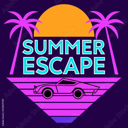 Retro 80s Summer Escape Vector Illustration

