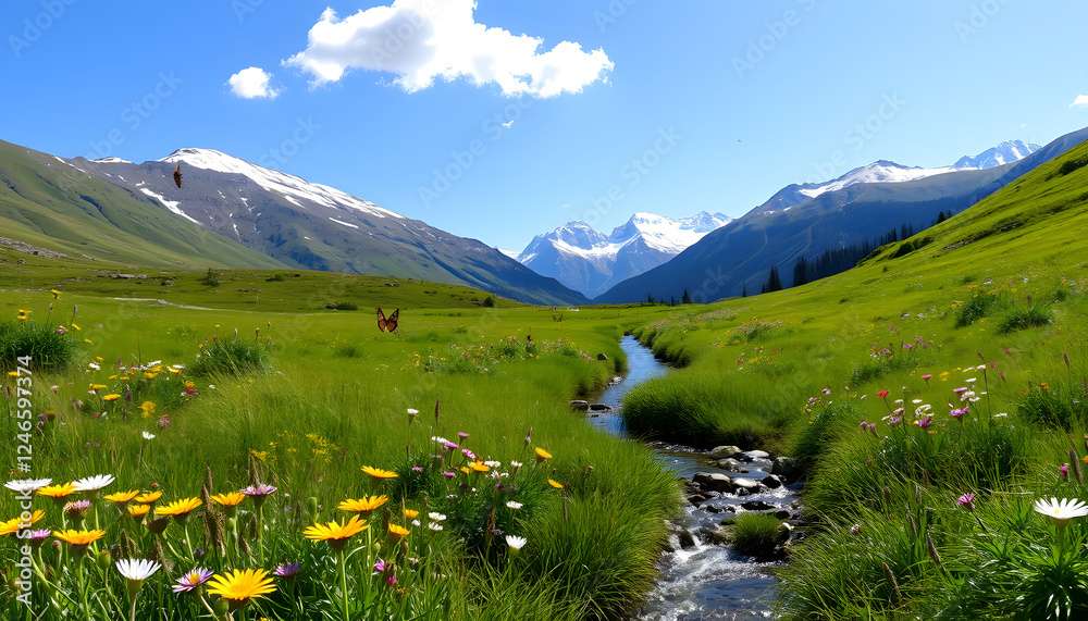Fototapeta premium Vibrant Wildflower Meadow And Stream In Mountain Valley