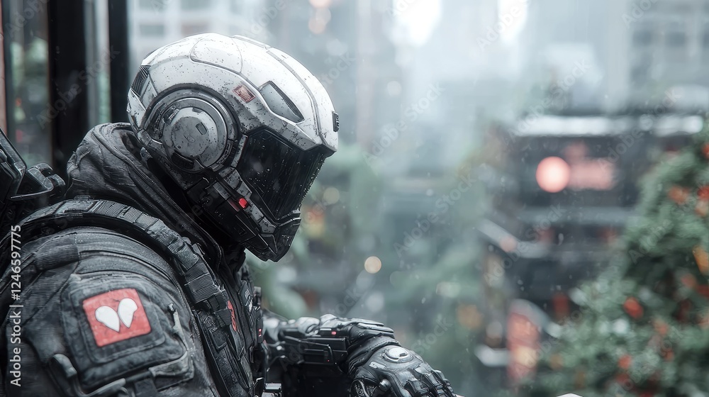 Futuristic soldier rests in snowy city, Christmas lights blurred Futuristic soldier rests in snowy city, Christmas lights blurred