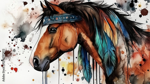 Majestic horse with Indian headband and blue feathers, watercolor splashes and ink drips on white background. Artistic clip art sticker design with detailed vector graphics and vibrant colors. photo