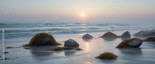 Tranquil ocean reflecting moon and rocks on wet sand during sunrise