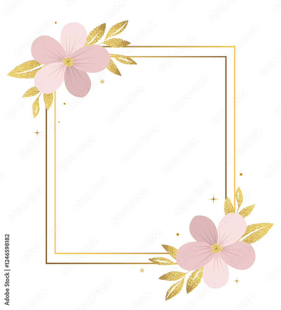 Obraz premium Empty botanical frame with golden leaves and pink flowers. Gentle botanical template, frame, invitation