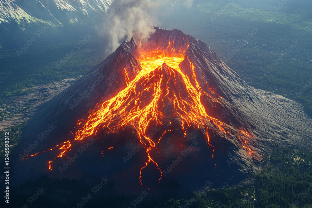 Fototapeta premium Volcanic eruption displays glowing lava flows on mountains at dawn