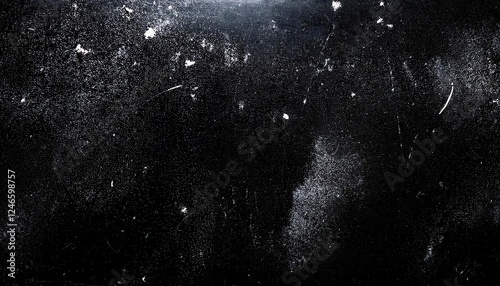 grunge black texture with white scratches and paint splatter for abstract background, overlays, or distressed design

 photo