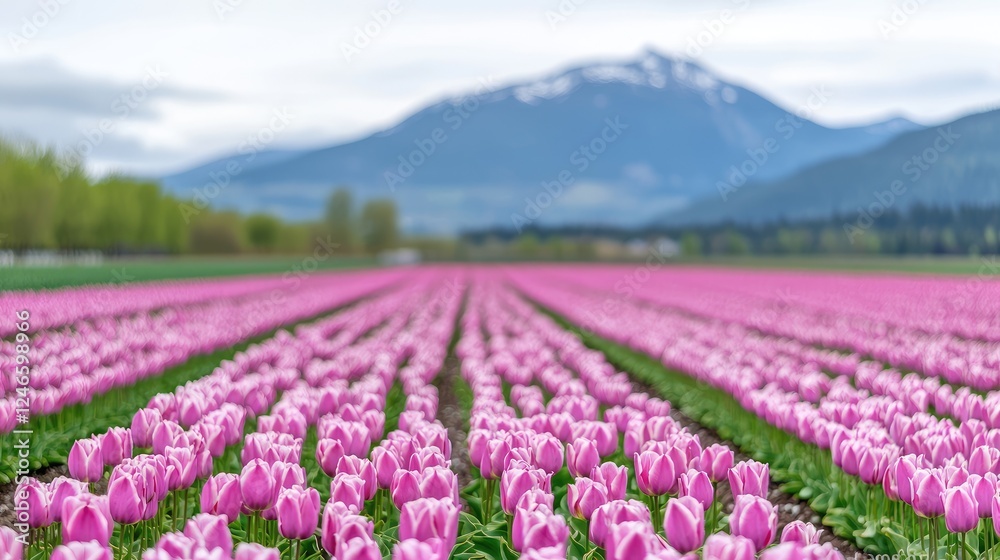 Pink tulip field, mountain backdrop, spring bloom, nature scene, postcard