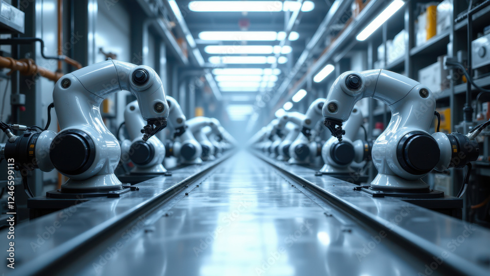 Obraz premium Industrial robots working together on a factory floor.