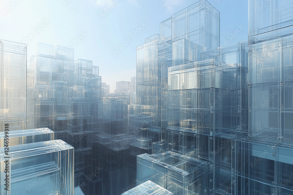Fototapeta premium Transparent structures rise against a blue sky, showcasing modern architecture and creativity