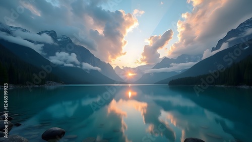Tranquil Mountain Lake at Sunset, Stunning Natural Reflection, Wallpaper, Serene Mountain Lake at Sunset , Breathtaking Nature Landscape