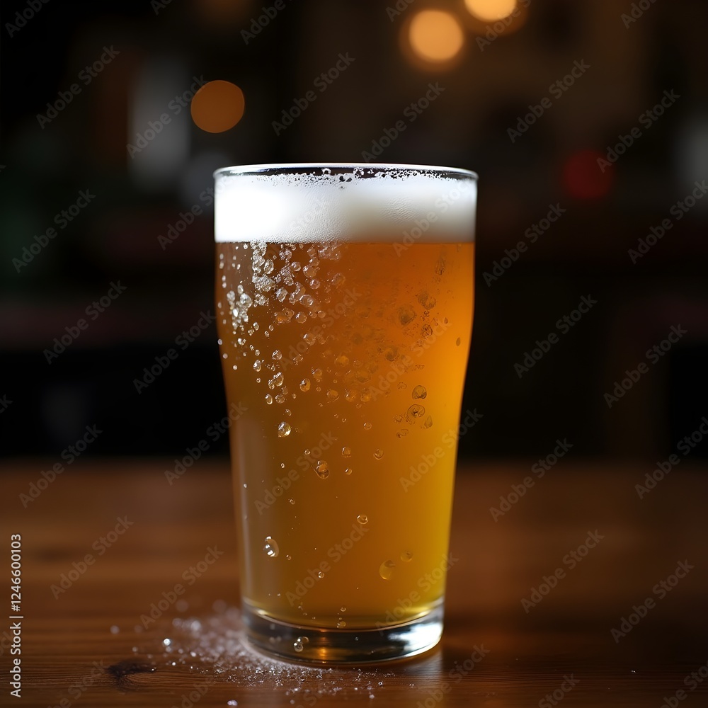Refreshing Glass of Cold Beer, Golden Ale with Bubbles and Foam, Bubbly Lager on a Wooden Table, Classic Pint of Draft Beer. Refreshing Glass of Cold Beer, Golden Ale with Bubbles and Foam, Bubbly Lager on a Wooden Table, Classic Pint of Draft Beer.
