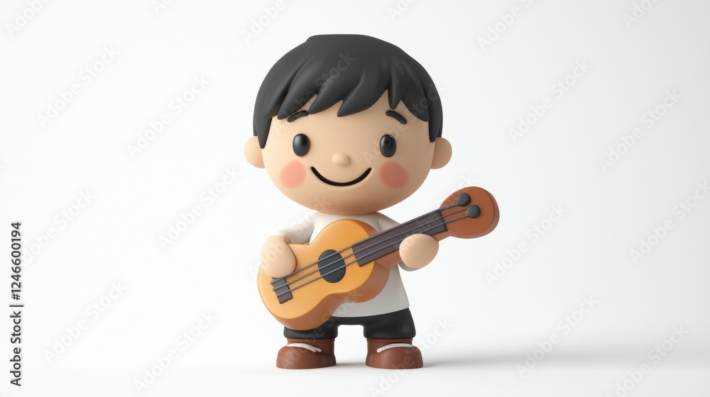 Cute Cartoon Character Playing Guitar in 3D Style with Front View Cute Cartoon Character Playing Guitar in 3D Style with Front View