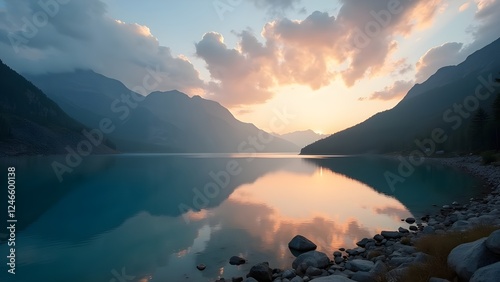 Tranquil Mountain Lake at Sunset, Stunning Natural Reflection, Wallpaper, Serene Mountain Lake at Sunset , Breathtaking Nature Landscape