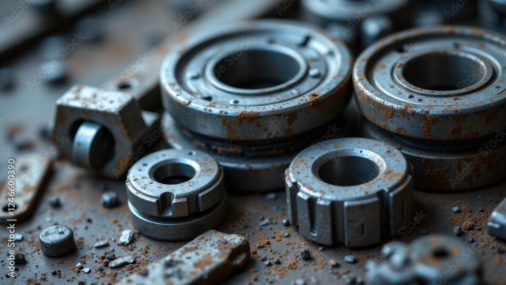 Close-up of rusted industrial gears on a dirty surface. Close-up of rusted industrial gears on a dirty surface.