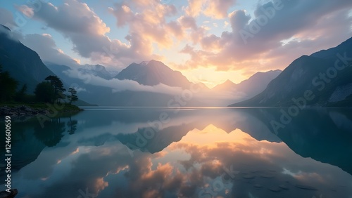 Tranquil Mountain Lake at Sunset, Stunning Natural Reflection, Wallpaper, Serene Mountain Lake at Sunset , Breathtaking Nature Landscape