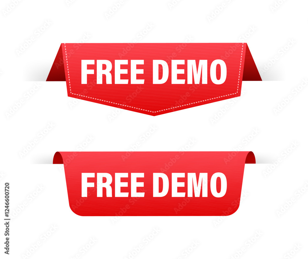 Red ribbons with free demo offer hanging on white background Red ribbons with free demo offer hanging on white background