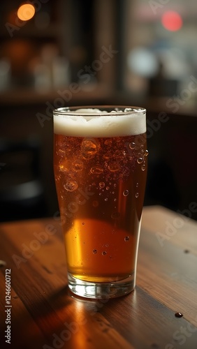 Refreshing Glass of Cold Beer, Golden Ale with Bubbles and Foam, Bubbly Lager on a Wooden Table, Classic Pint of Draft Beer. 