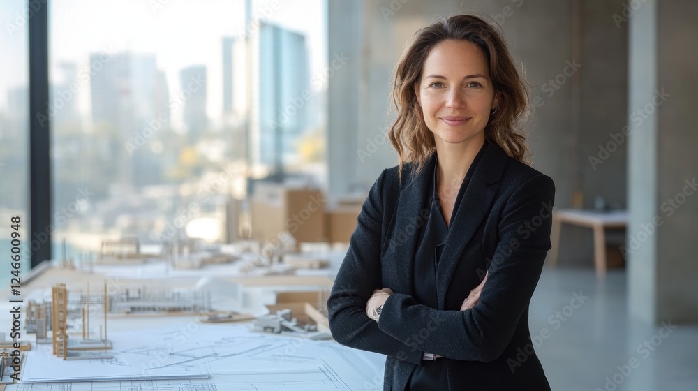 A confident European female architect poses in a modern workspace, surrounded by design models. She embodies professionalism and creativity in architecture. A confident European female architect poses in a modern workspace, surrounded by design models. She embodies professionalism and creativity in architecture.