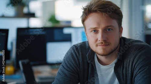A professional portrait of a young European male IT specialist focused at his desk in a modern office setting, showcasing a confident approach to technology and work.