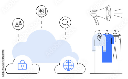 Cloud icons with lock, globe, user, search, video, along with megaphone and clothing rack with shirts. Ideal for tech, fashion, marketing digital media education e-commerce business strategy