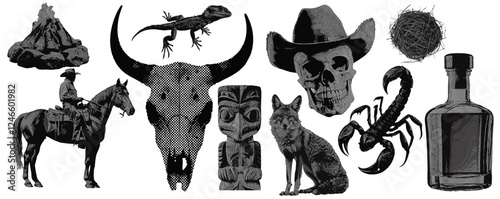 Set of wild west cowboy western vintage halftone grunge vector design elements