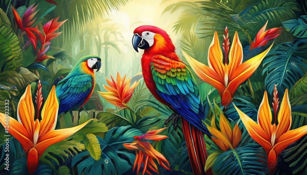 Obraz premium Vibrant summer exploration in a lush tropical paradise with colorful parrots