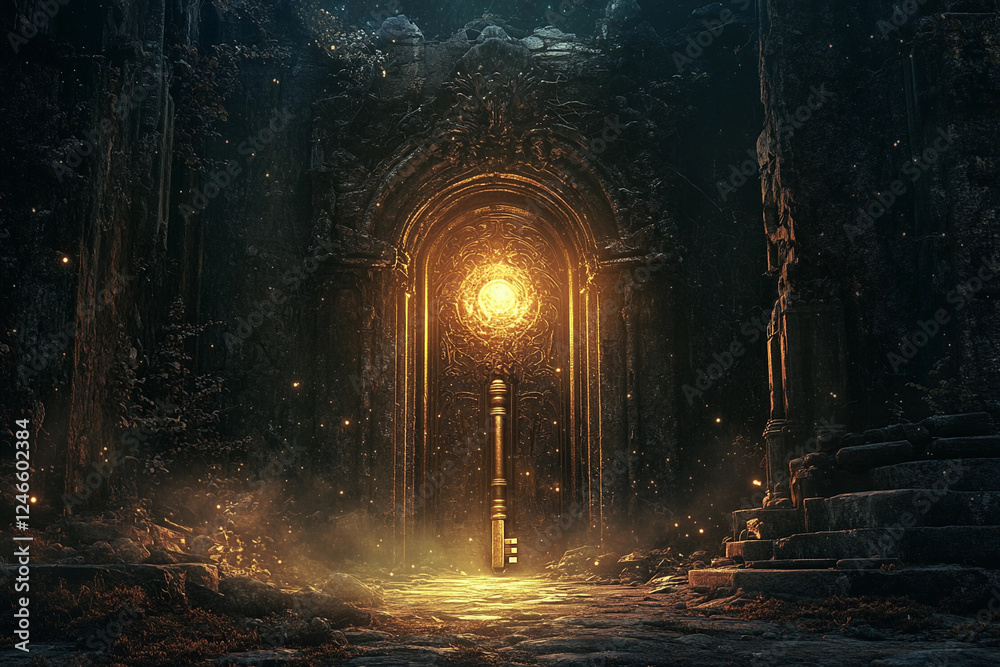 Obraz premium Mysterious door opening to a starry night with two moons illuminating the path in a fantasy landscape