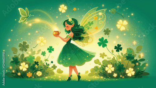 A whimsical fairy with clover-shaped wings wearing a green dress, surrounded by glowing shamrocks. The fairy is sprinkling gold dust over a meadow filled with clovers 8