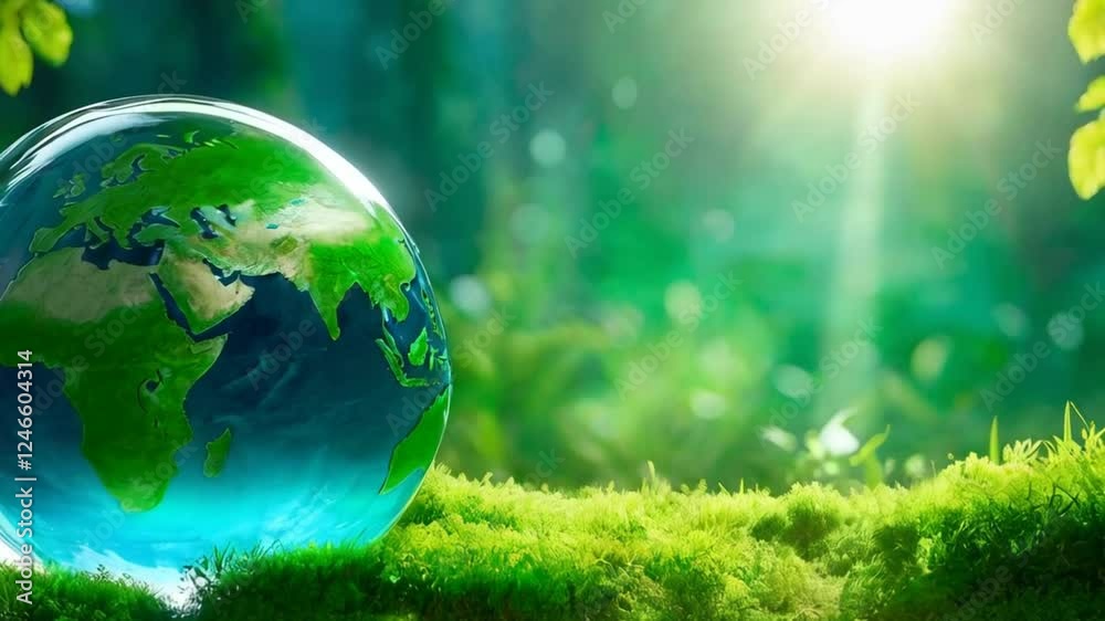 Transparent earth globe on lush greenery in sunlit forest conceptualizing environment and nature Transparent earth globe on lush greenery in sunlit forest conceptualizing environment and nature
