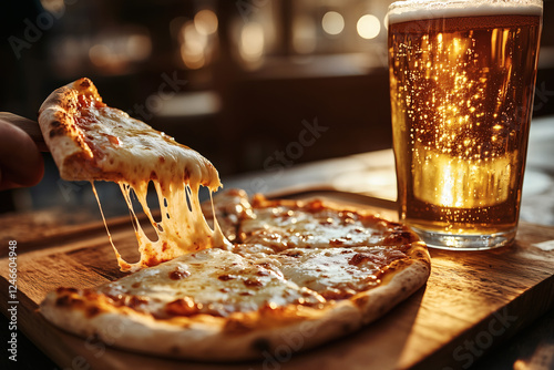 Cheese pizza and a glass of beer.