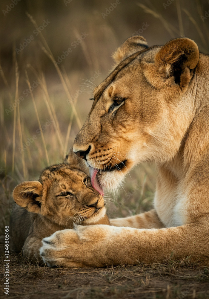 Lioness lovingly interacts with her cub in a peaceful savannah setting during golden hour Lioness lovingly interacts with her cub in a peaceful savannah setting during golden hour