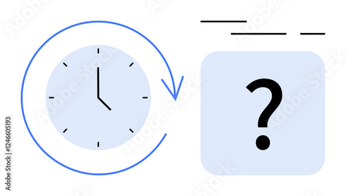 Clock face with blue circular arrow indicating time and a question mark in a blue square raising uncertainty. Ideal for scheduling, planning, deadlines, productivity, efficiency, decision-making