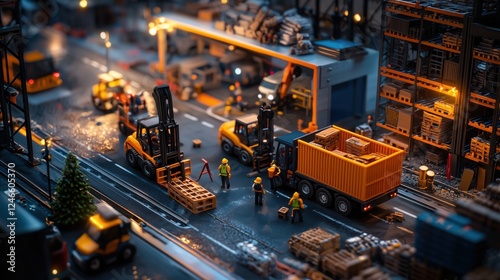 Miniature Scene of Construction Workers and Forklifts in a Warehouse Setting with Pallets and Crates During Nighttime Operation