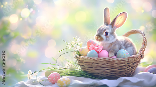A rustic wicker basket overflowing with brightly colored Easter eggs, a charming rabbit with a pink bow resting beside it, surrounded by delicate grass sprouts, all elegantly arranged on a fabric 