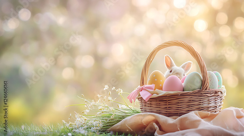 A rustic wicker basket overflowing with brightly colored Easter eggs, a charming rabbit with a pink bow resting beside it, surrounded by delicate grass sprouts, all elegantly arranged on a fabric 