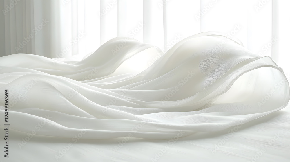 Soft white fabric gently flowing on a light surface with natural light illuminating through curtains. Soft white fabric gently flowing on a light surface with natural light illuminating through curtains.
