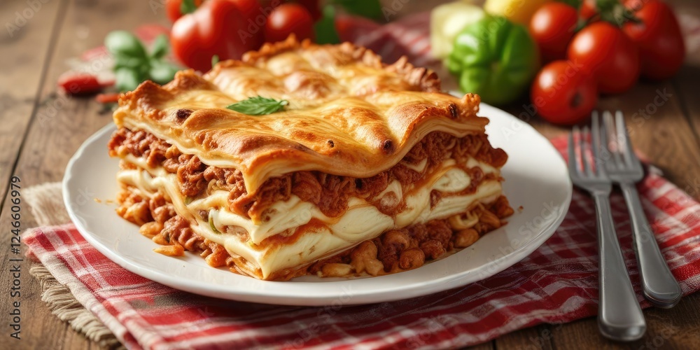 Richly layered lasagna on a woven wooden tablecloth , home-cooked meals, satisfying meal, layered pasta Richly layered lasagna on a woven wooden tablecloth , home-cooked meals, satisfying meal, layered pasta
