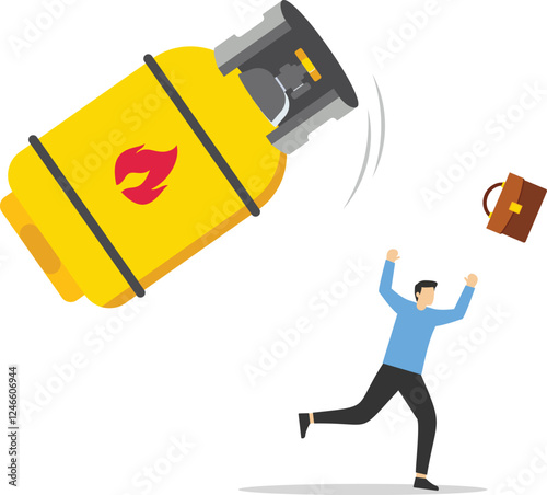 Risk of bankruptcy and losses. Falling natural gas price destroys tower of gas cylinders. Survive investment crash, crisis or recession. Modern vector illustration in flat style

