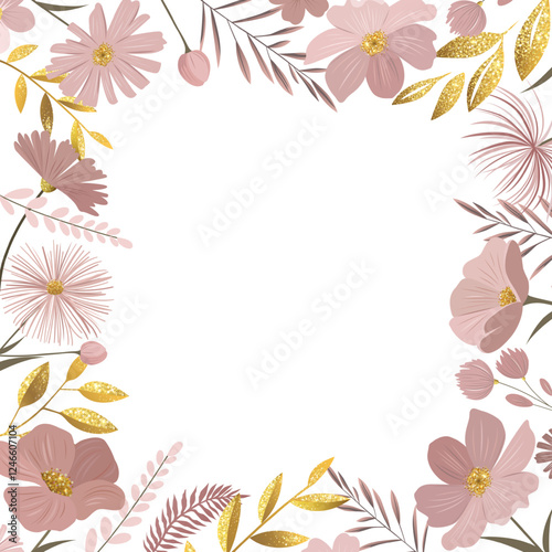 Gentle floral frame for greeting card, wedding invitation. Square template with golden leaves and pastel meadow flowers.