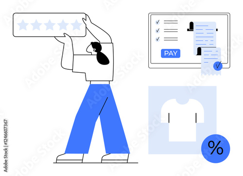 Woman holding star rating, payment interface with checklist, receipt, pay button, clothing item, discount percentage. Ideal for e-commerce, user reviews, online payment retail shopping customer