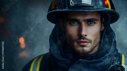 Firefighter Standing Against Solid Background with Space for Text photo