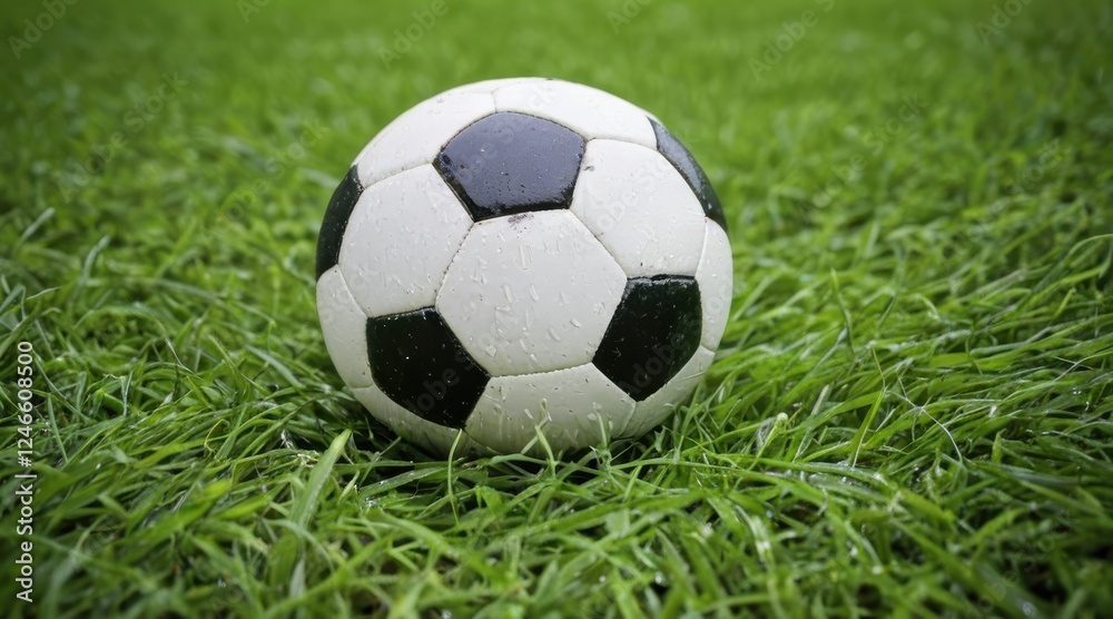 Wet Black And White Soccer Ball On Green Grass Wet Black And White Soccer Ball On Green Grass