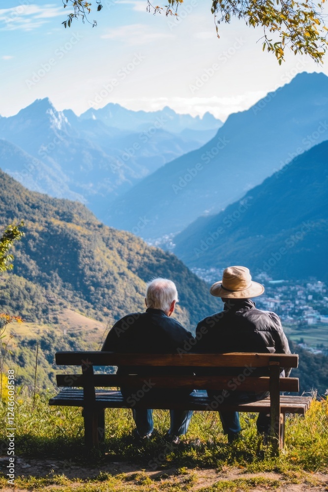 Elderly couple enjoys tranquil mountain view while resting on a bench during their journey through nature Elderly couple enjoys tranquil mountain view while resting on a bench during their journey through nature